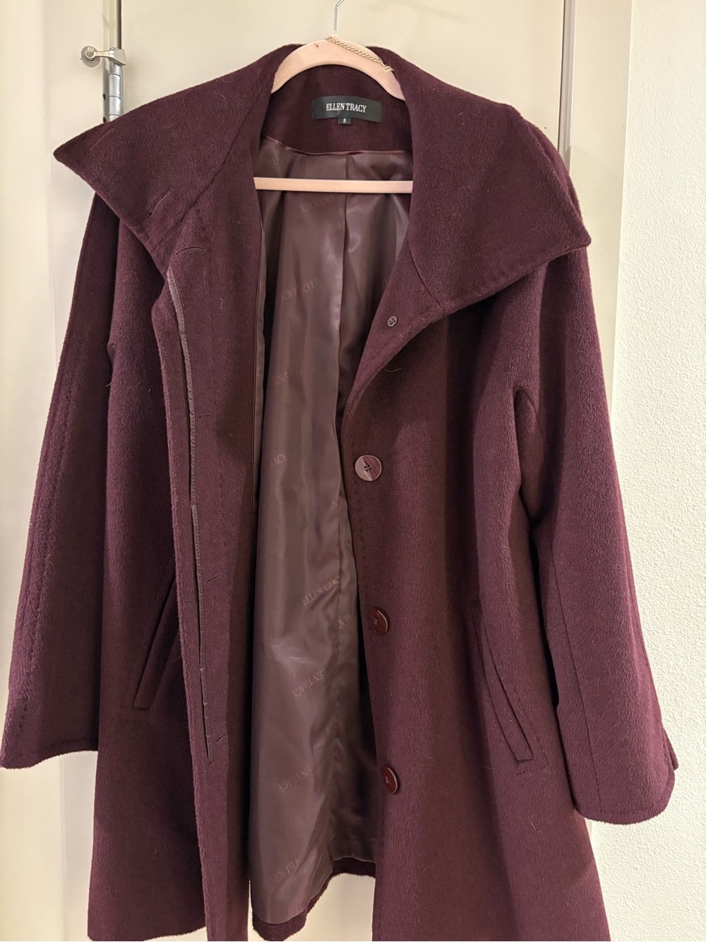 Ellen Tracy Plum Wool-Blend Button Front Trench Coat